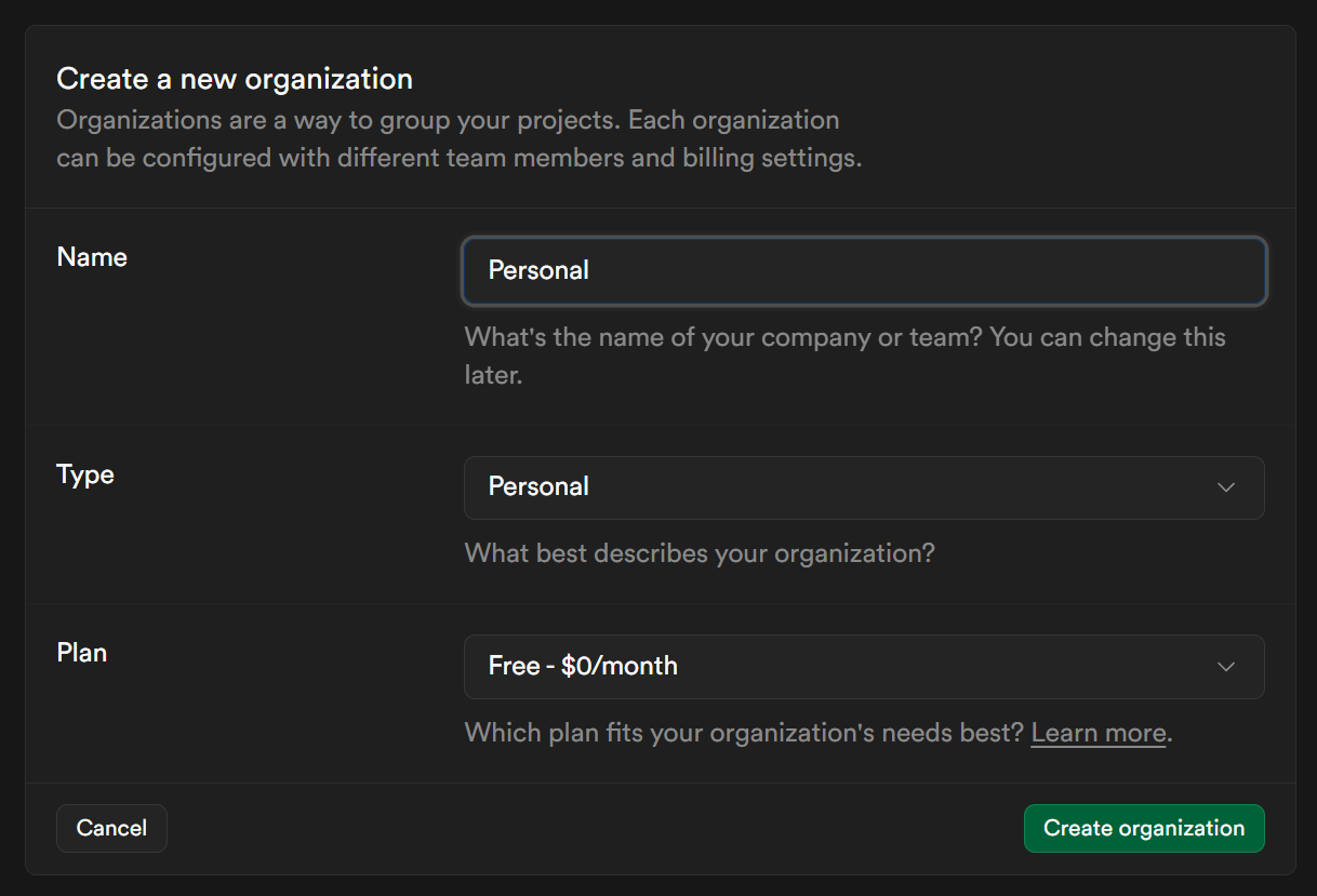 Supabase image - Create Organization