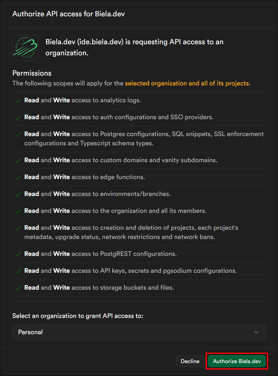 Supabase Authorize API access for biela.dev